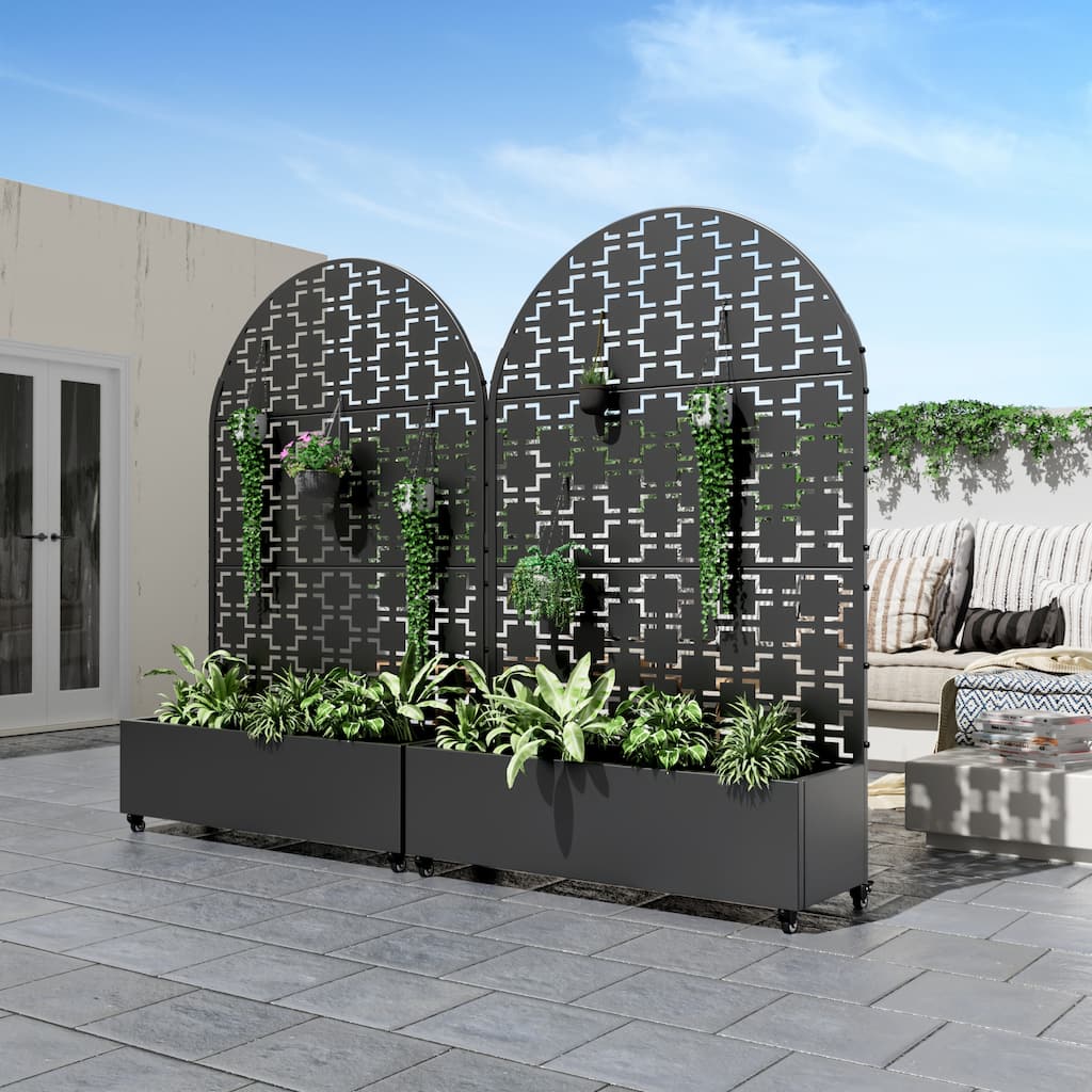 Metal Movable Planter Box with Trellis Privacy Screen Planter Box with Lockable Wheels