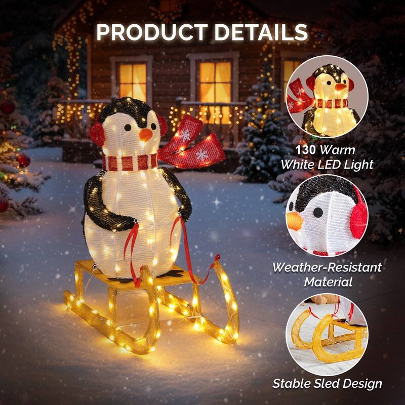 2.2FT Lighted Penguin Riding Sleigh Christmas Decorations