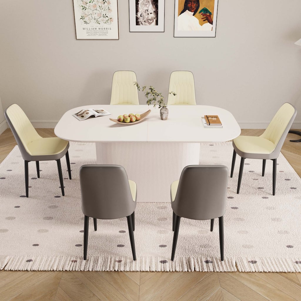 63" medieval modern cream style MDF dining table and PU dining chair set 6, Assemble Desktop and metal leg dining chair set