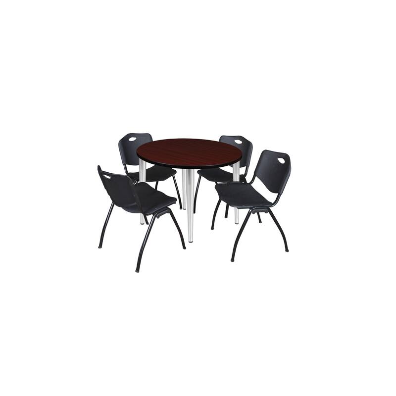36 in. Round Breakroom Table- Mahogany Top, Chrome Base & 4 M Stack Chairs- Black