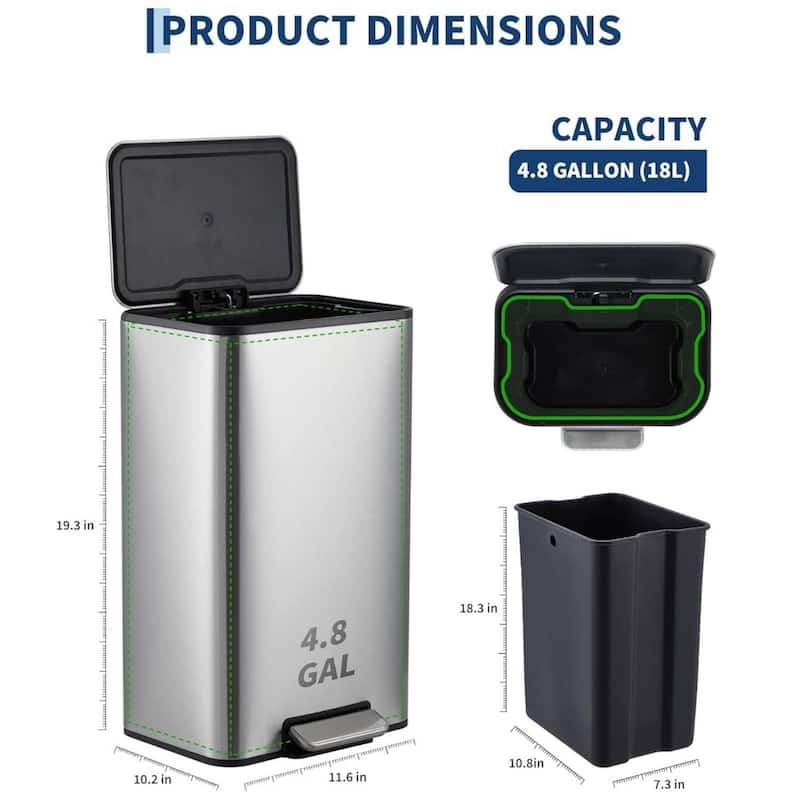 18L Soft-Close Lid Compact Stainless Steel Trash Can for Kitchen, Bathroom