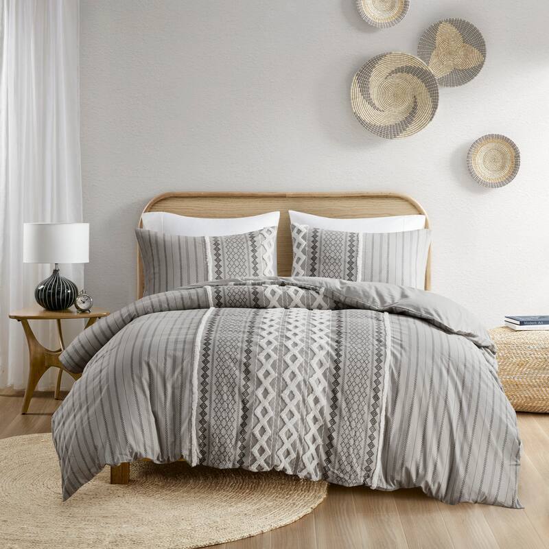 INK+IVY Imani Cotton Printed Comforter Set with Chenille - Gray - Full - Queen