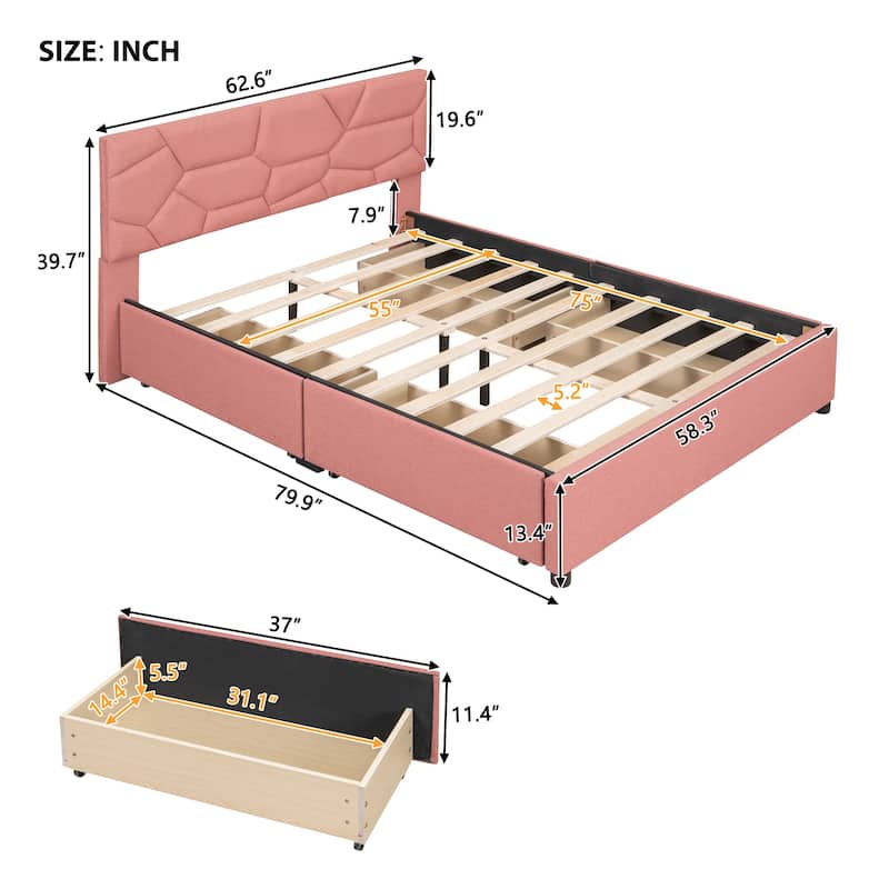 Full Size Upholstered Platform Bed, with Brick Pattern and 4 Drawers ...