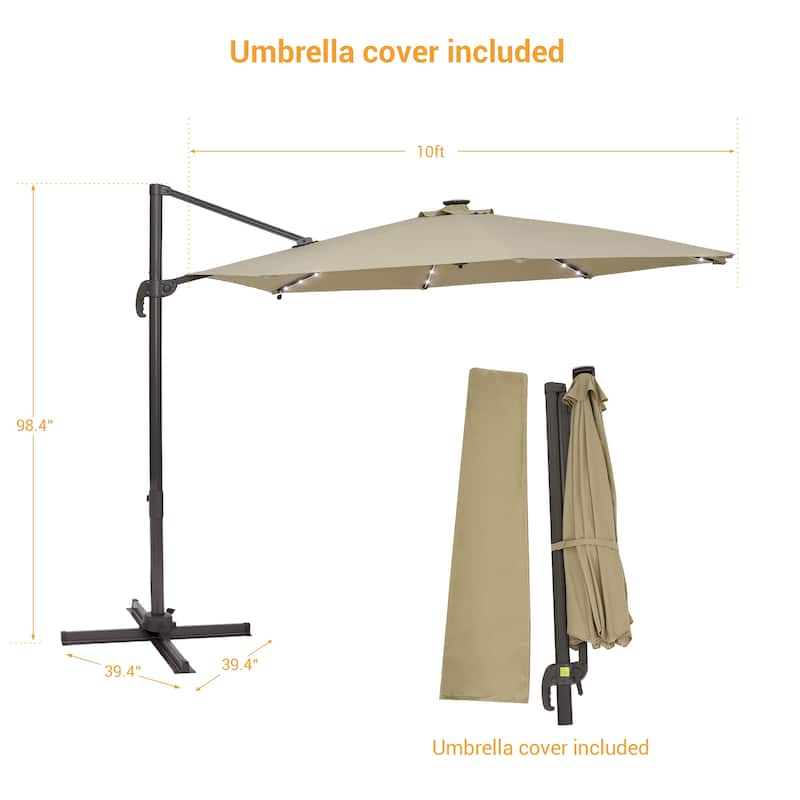 BONOSUKI 10Ft LED Patio Cantilever Offset Umbrella With Cross Base