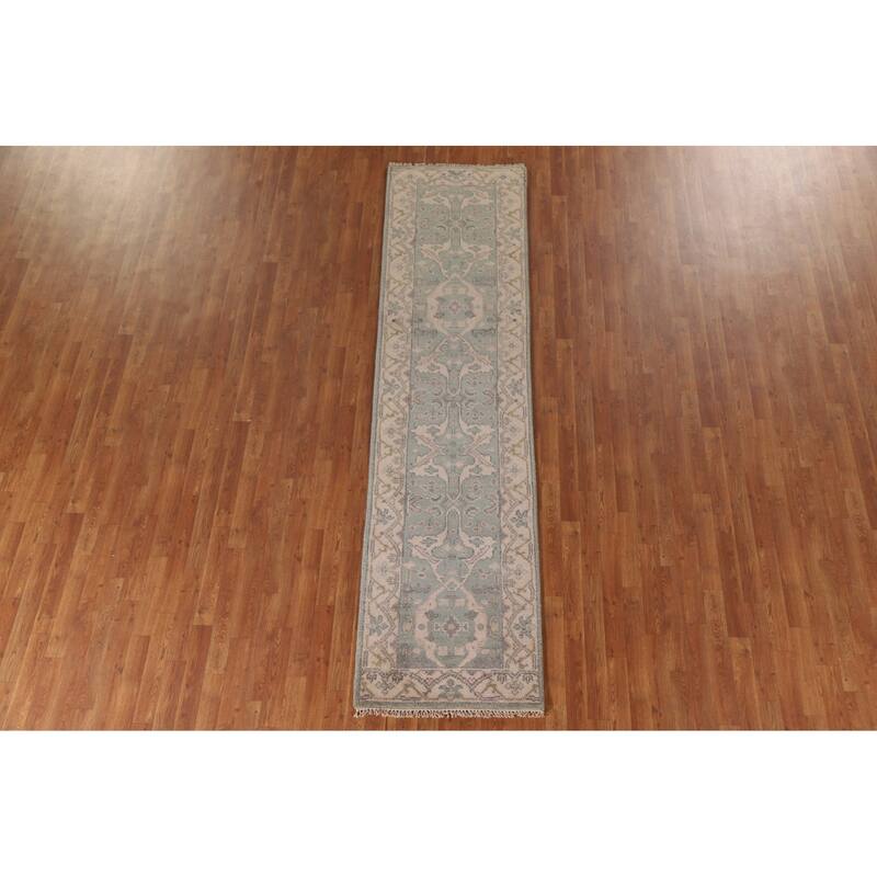 Green Oushak Indian Runner Rug Hand-knotted Wool Carpet - 2'6"x 9'11"