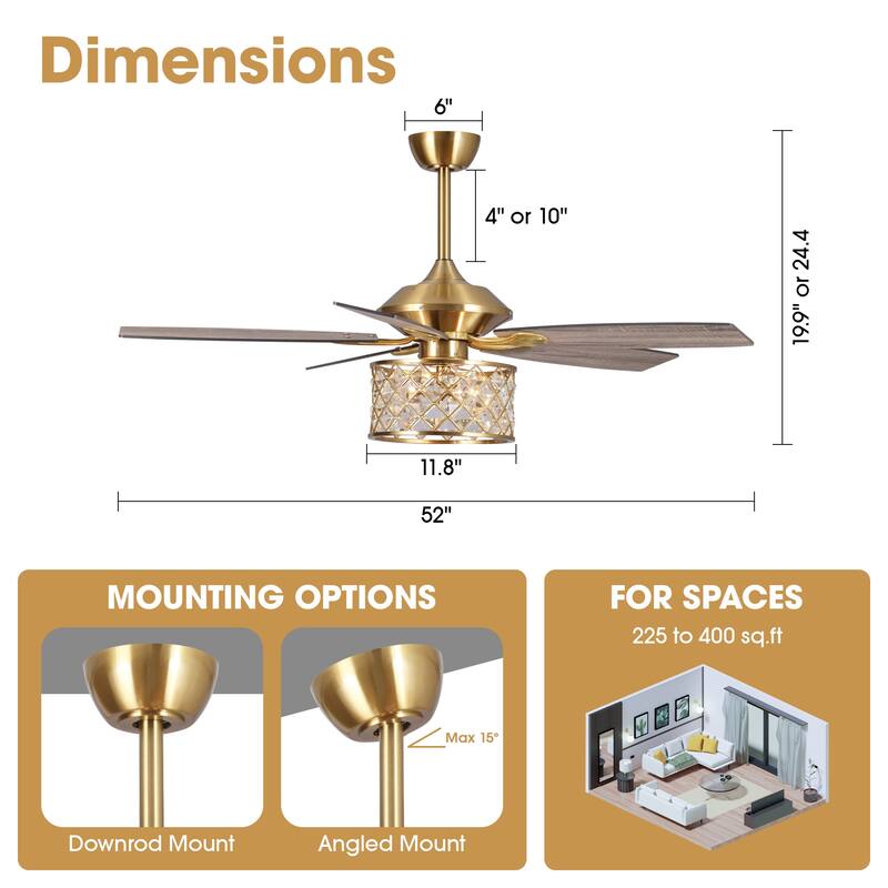 52-in Gold 3-Light Modern Crystal Chandelier Ceiling Fan with Remote