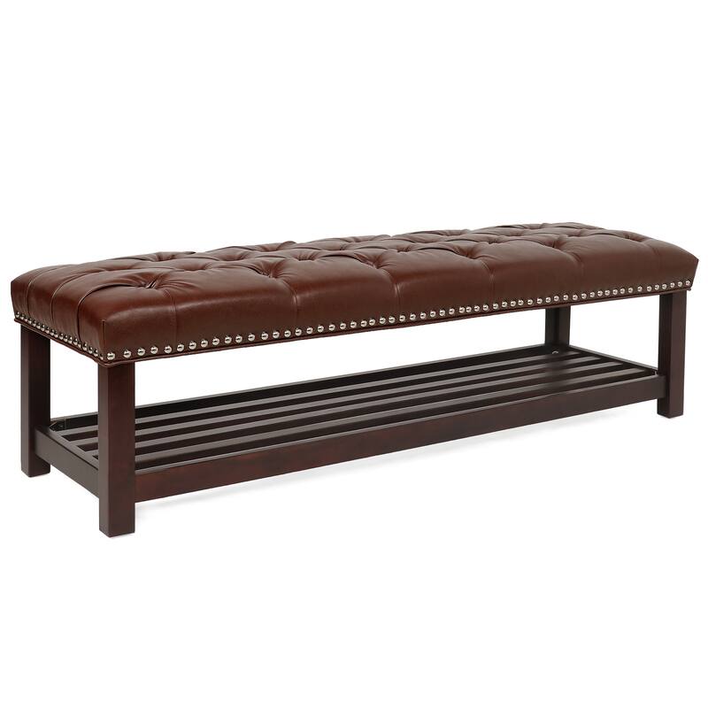 Comfortable Ottoman Bench Upholstered Seat with Solid Wood Frame, Entryway Footrest Seat with One Shelf at Bottom