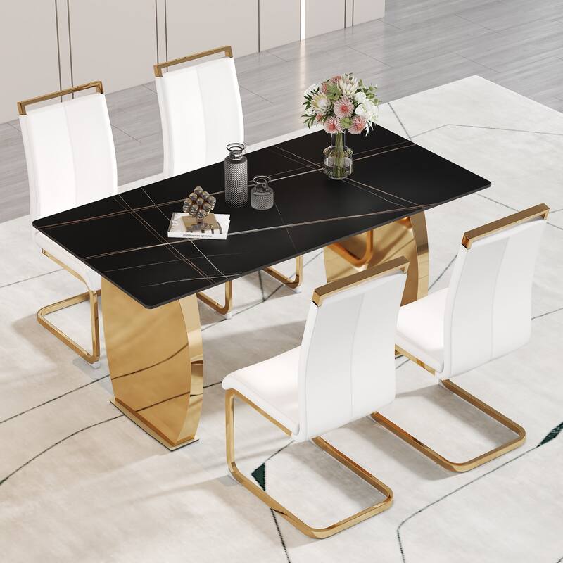 Modern Dining Set with Sintered Stone Table & PU High Back Chairs
