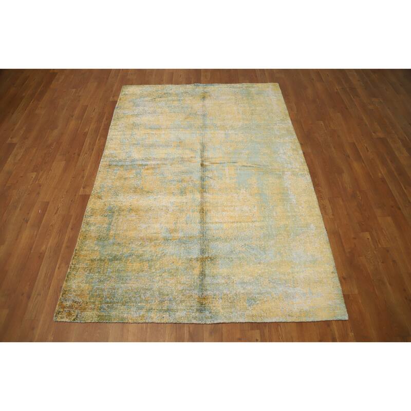 Hand Knotted Oriental Viscose Silk Carpet Modern Pictorial Yellow & Gold Abstract Area Rug - 6' 6'' X 4' 5''