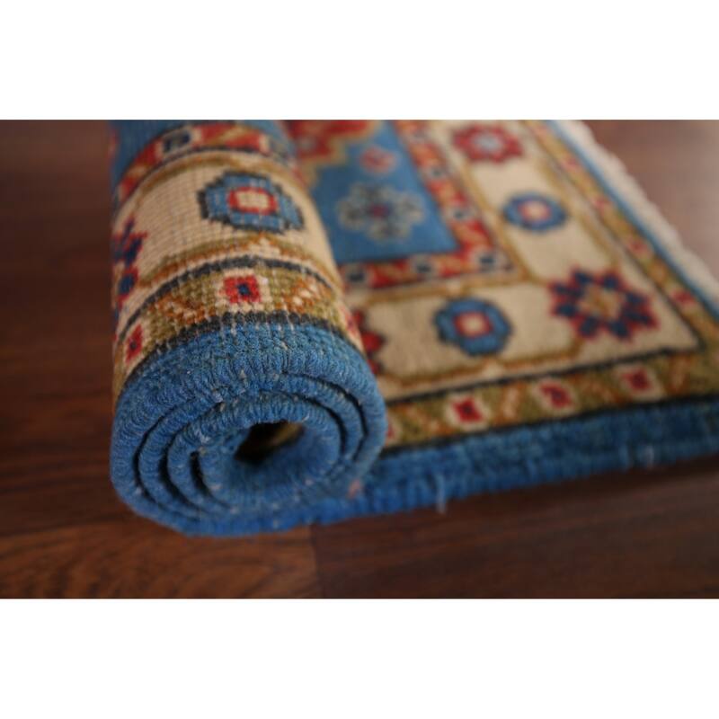 Blue Geometric Kazak Foyer Rug Hand-Knotted Wool Carpet - 2'0" x 2'11"