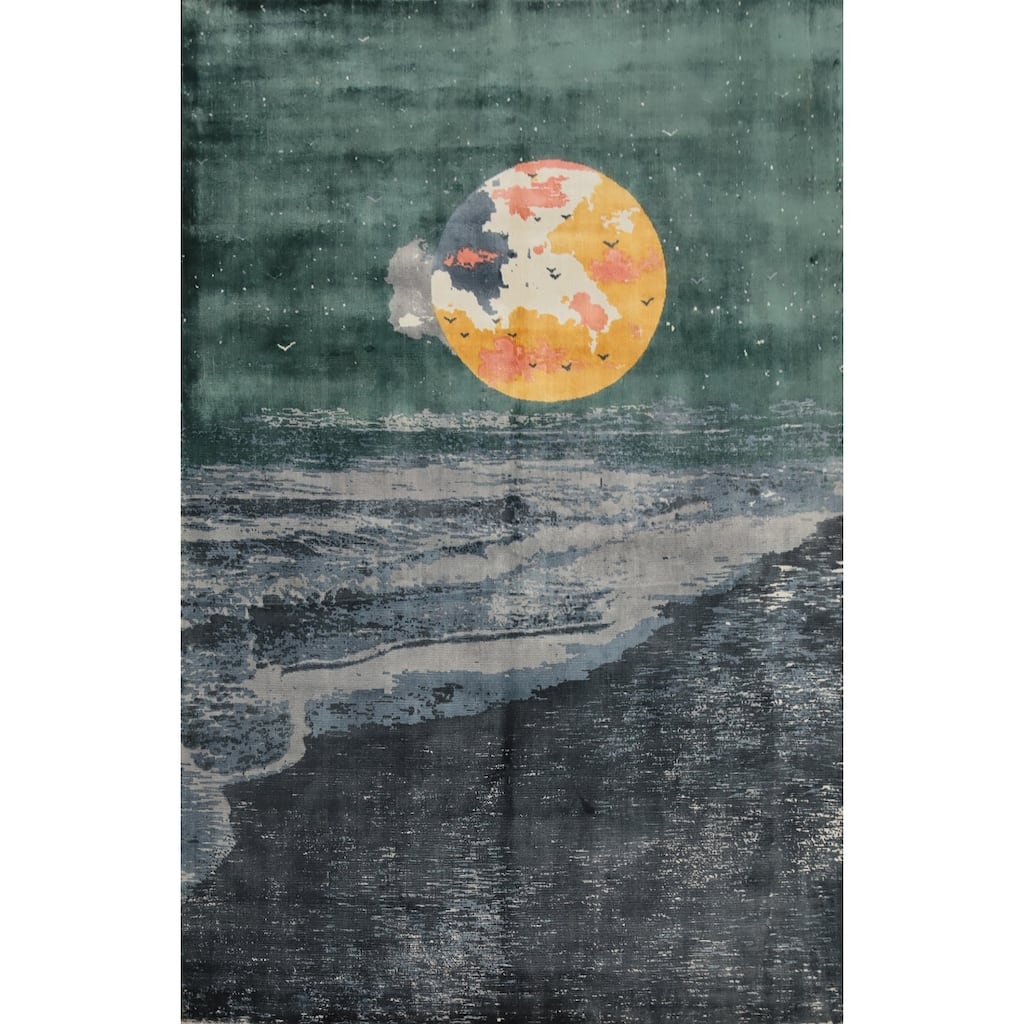 Hand Knotted Oriental Viscose Silk Carpet Modern Pictorial Multi-Colored Abstract Area Rug - 7' 8'' X 5' 7''