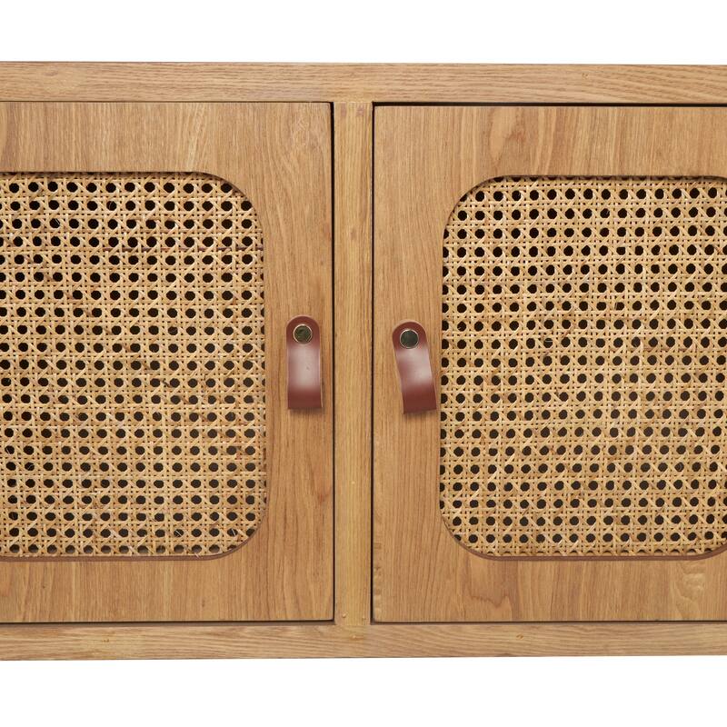 Brown Wooden Living Room Coffee Table with Cane Front Drawers and Gray Metal Frame