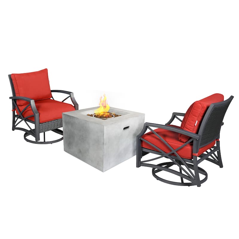 Kai 32" Square Concrete Propane Fire Pit Set for Patio (40,000 BTU) - 3PC/Grey/Red - 3 PC SET