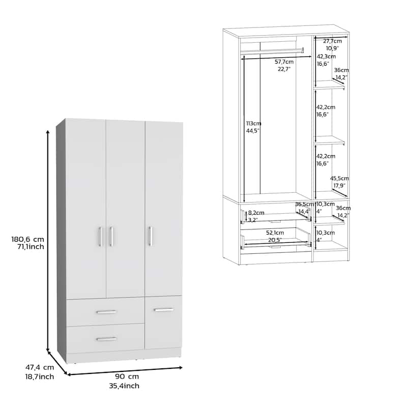 18.7" Modern Four-door Armoire with Hanging Rod, Two Drawers and 6 Shelves