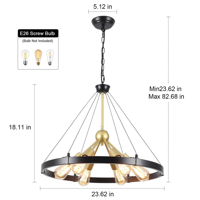6-Light Dimmable Sputnik Chandelier, Farmhouse Wagon Wheel Chandelier for Dining Room Living Room Bedroom Kitchen