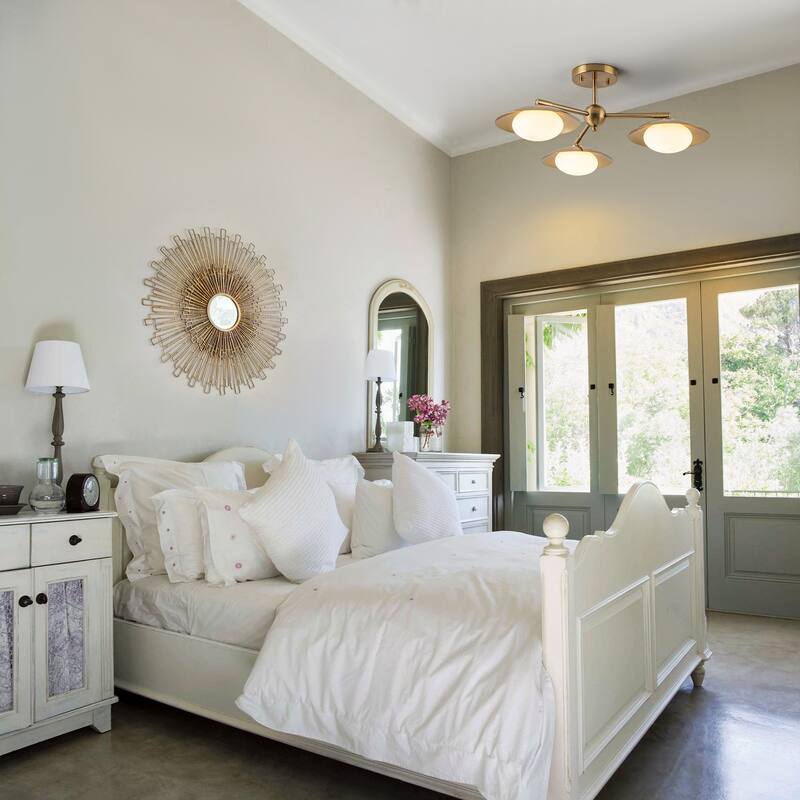 Modern Industrial 3-Light Sputnik Opal Glass Semi Flush Mount - Gold