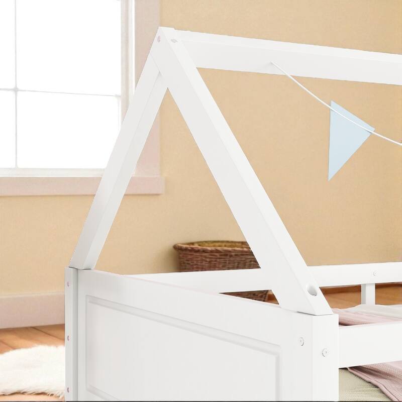 Twin over Twin House Bunk Bed with Roof Frame, Guardrails, Ladder and Headboards, Rubber Wood Kids Floor Bed