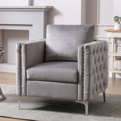 Modern Velvet Tufted Button Arm Chair with Steel Legs (Set of 1)