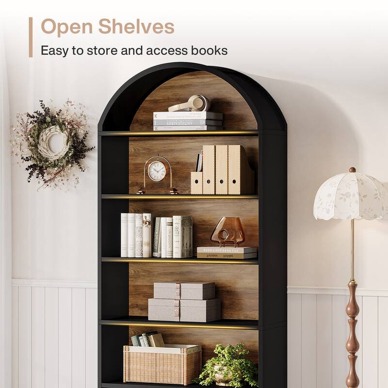 76.8" Tall Arched Bookcase, 5-Tier Modern Bookshelf with File Cabinet Drawer