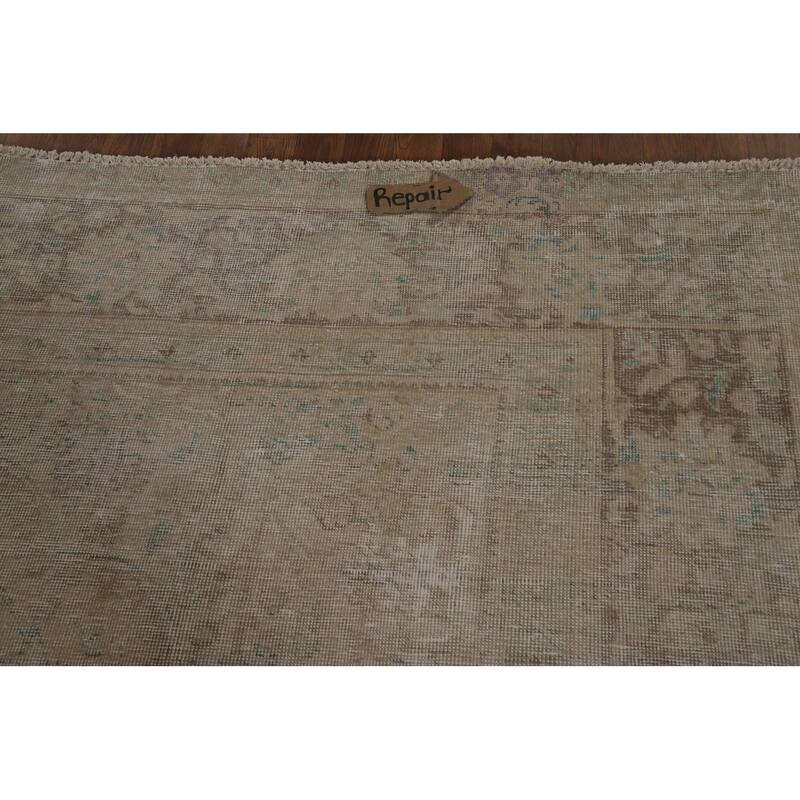 Distressed Beige Tabriz Persian Vintage Rug Hand-Knotted Wool Carpet - 9'1"x 11'9"