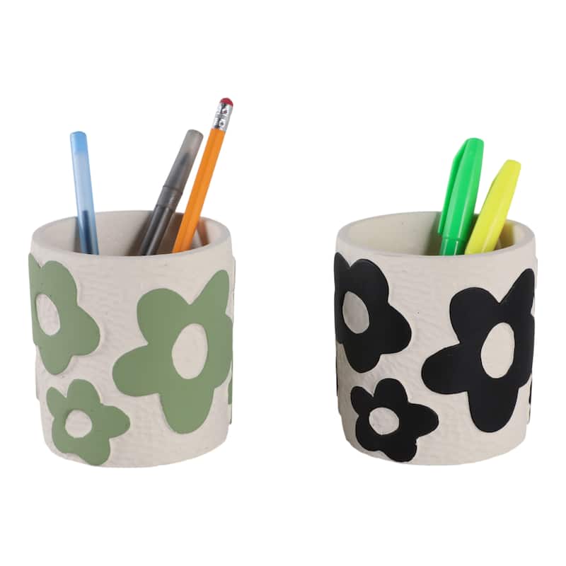 Decorative Flower Pencil Cups Storage - Set of 2, 4", Green & Black - 4.0"