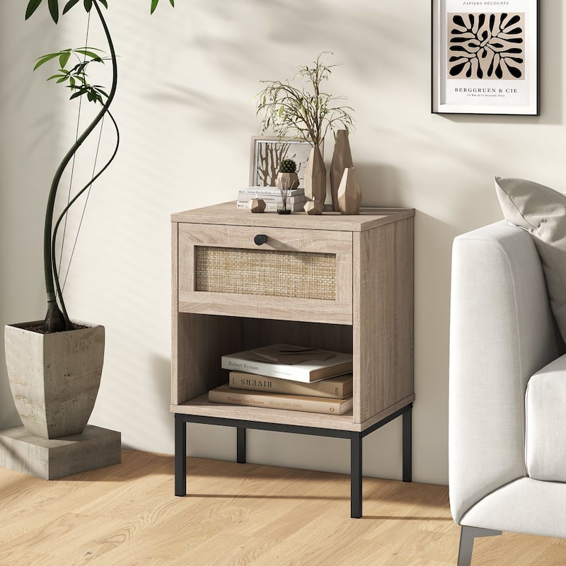 Set of 2 Rattan Nightstand End Table with Rattan Drawer and Open Shelf