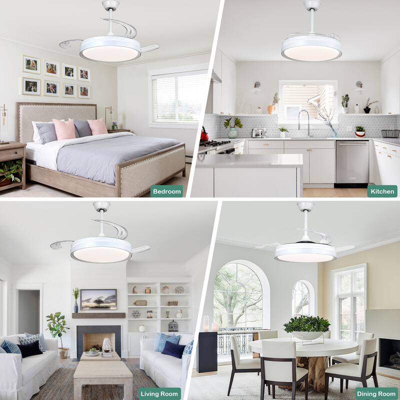 Cusp Barn 42 Inch Retractable Ceiling Fan with Lights, Modern Silent DC Motor 6 Speeds Chandelier Ceiling Fan for Bedroom