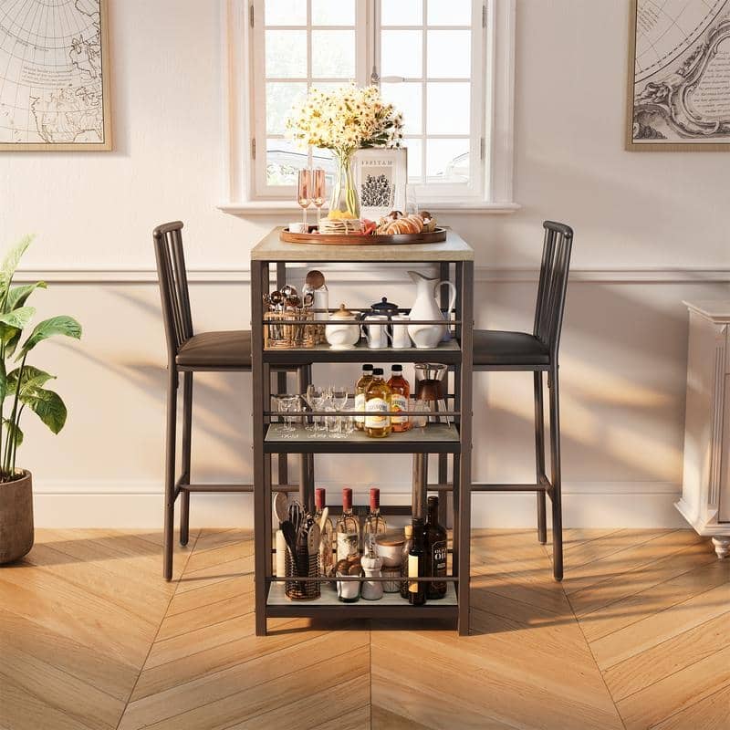 3 Pieces Bar Table Set and Chairs Set for 2 with 3 Storage Shelves