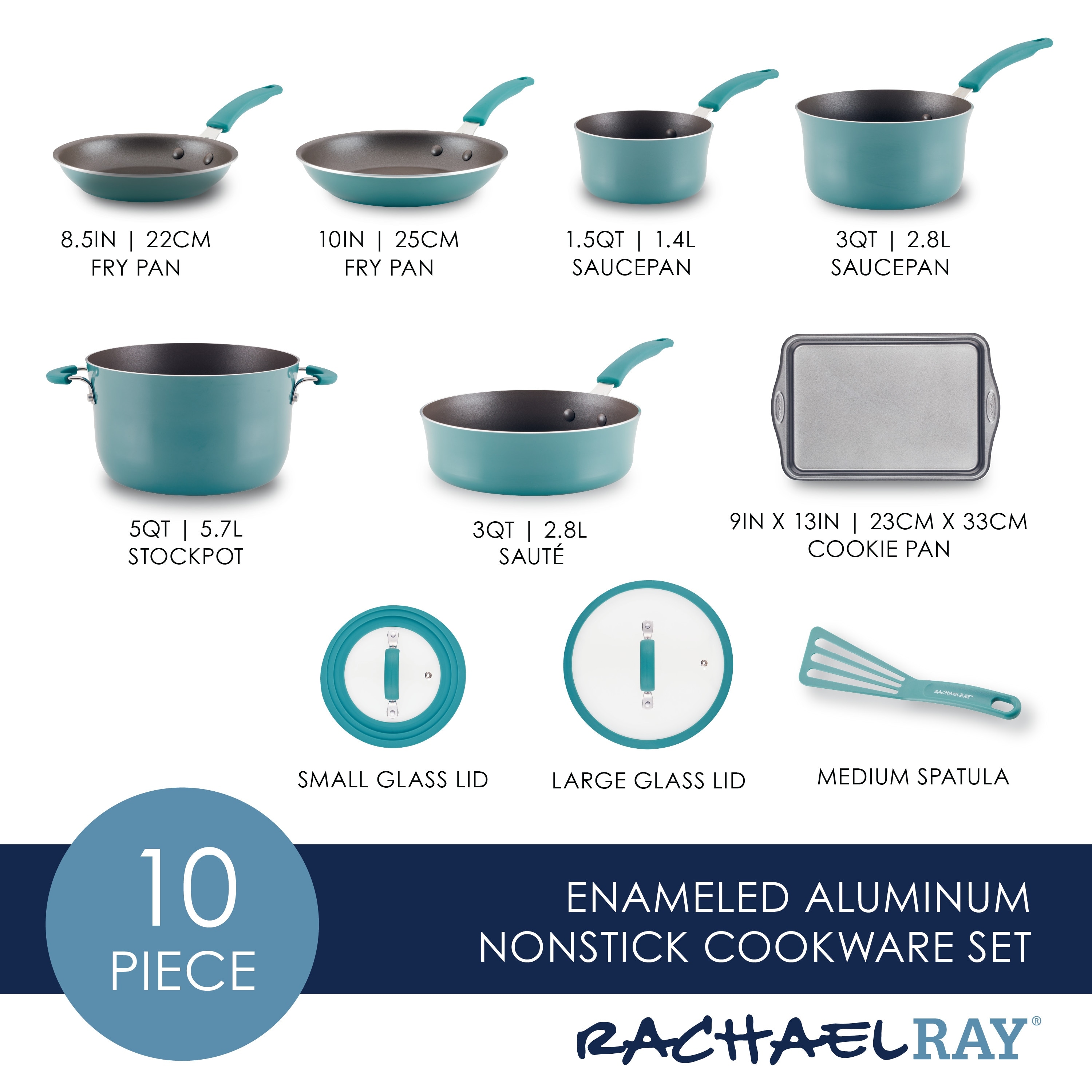 Rachael Ray Cucina 10pc Porcelain Enamel Nonstick Cookware Set Agave Blue