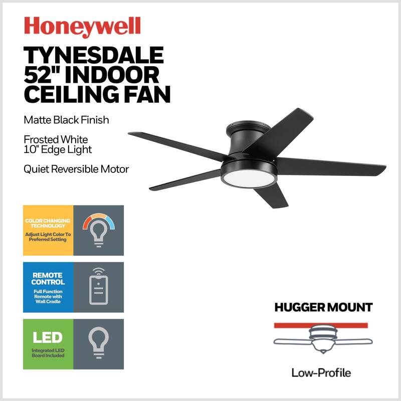 52" Honeywell Tynesdale Contemporary Ceiling Fan with Color Changing Light, Remote Control - 52 Inches
