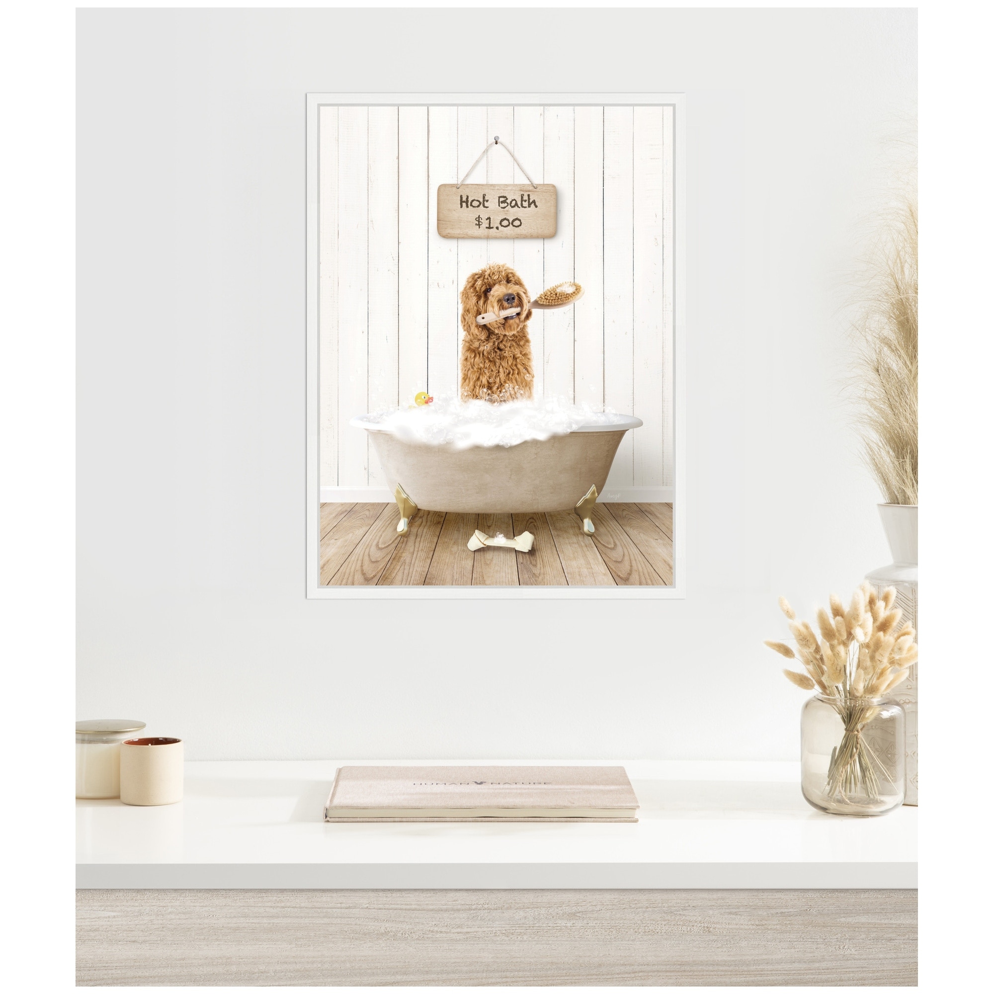 Kate and Laurel Sylvie Golden Labradoodle in Hot Bath Framed Canvas by Amy Peterson