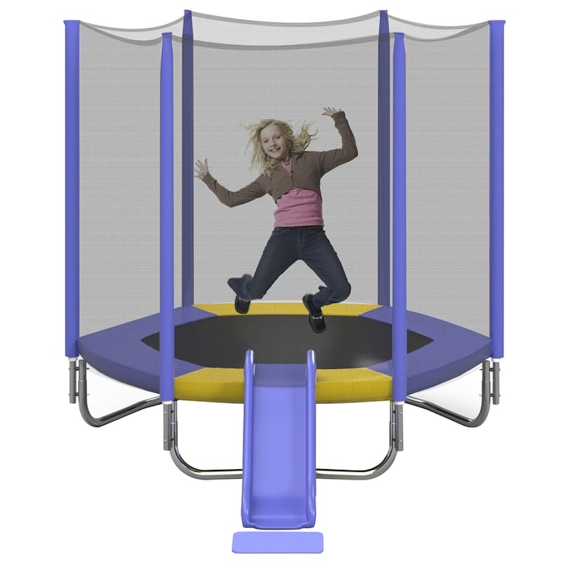 7FT Trampoline for Kids with Safety Enclosure Net,Slide and Ladder - Purple