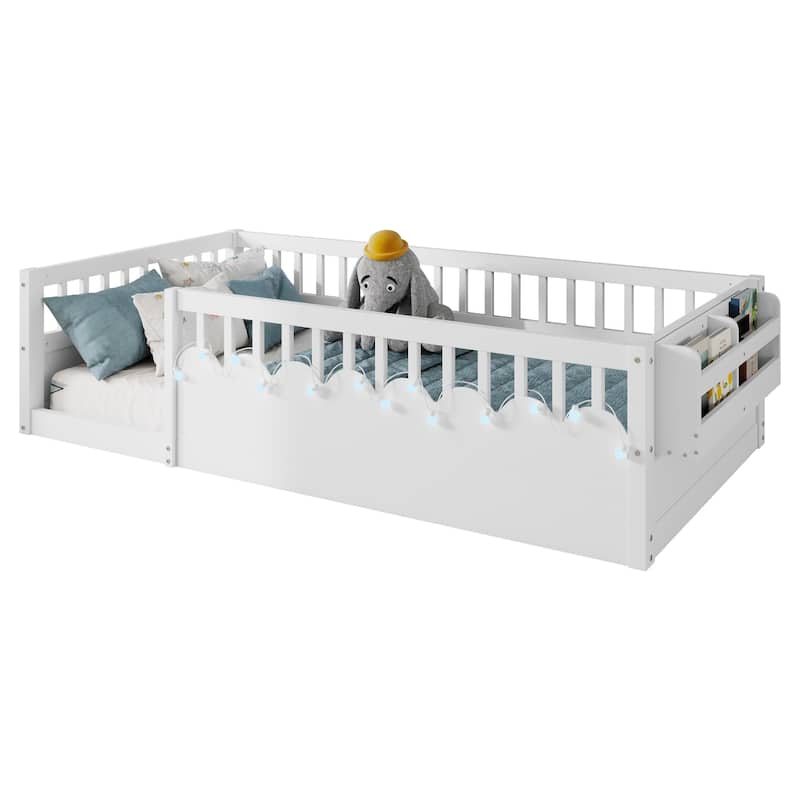 GDF Studio - Ellington Twin Montessori Floor Bed with High Rails, LED Light, and Storage Shelf