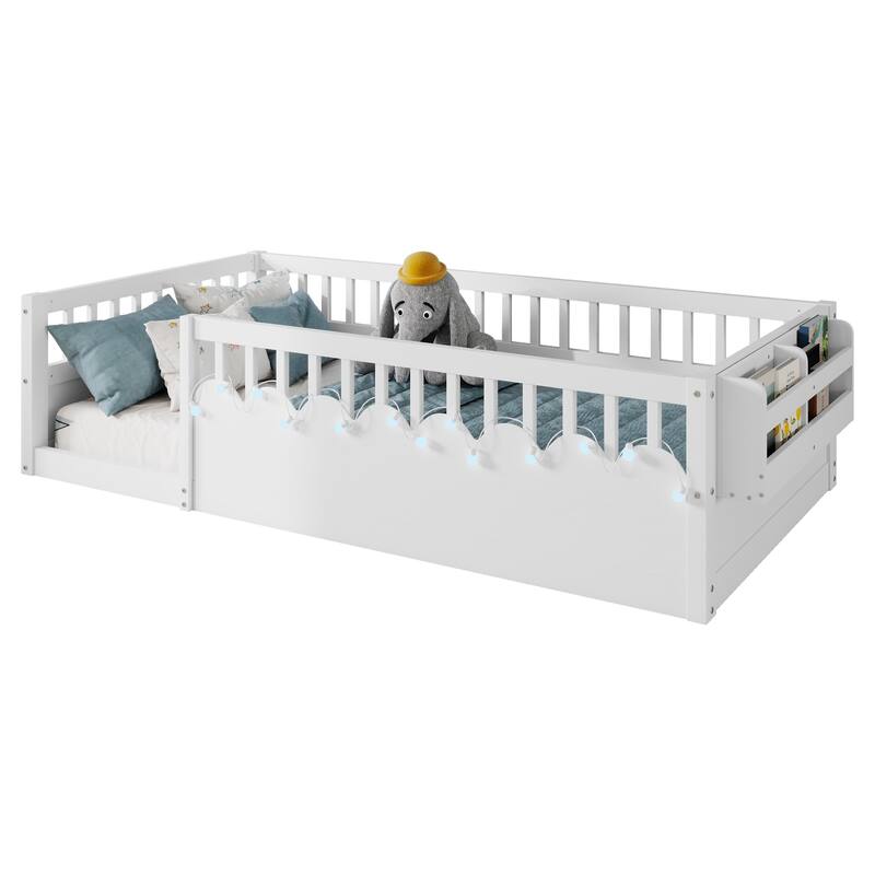 Twin Toddler Floor Bed Safety Kids Bed with High Guardrails (19.6 inch), Without Slat Concise Fence Bed for Kids Toddler
