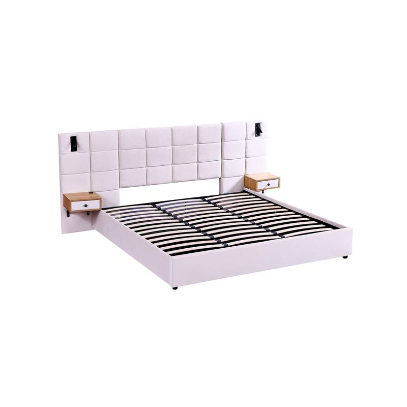 King Size Velvet Upholstered Hydraulic Platform Bed with Storage, Shelves, Reading Lamps, and USB Port