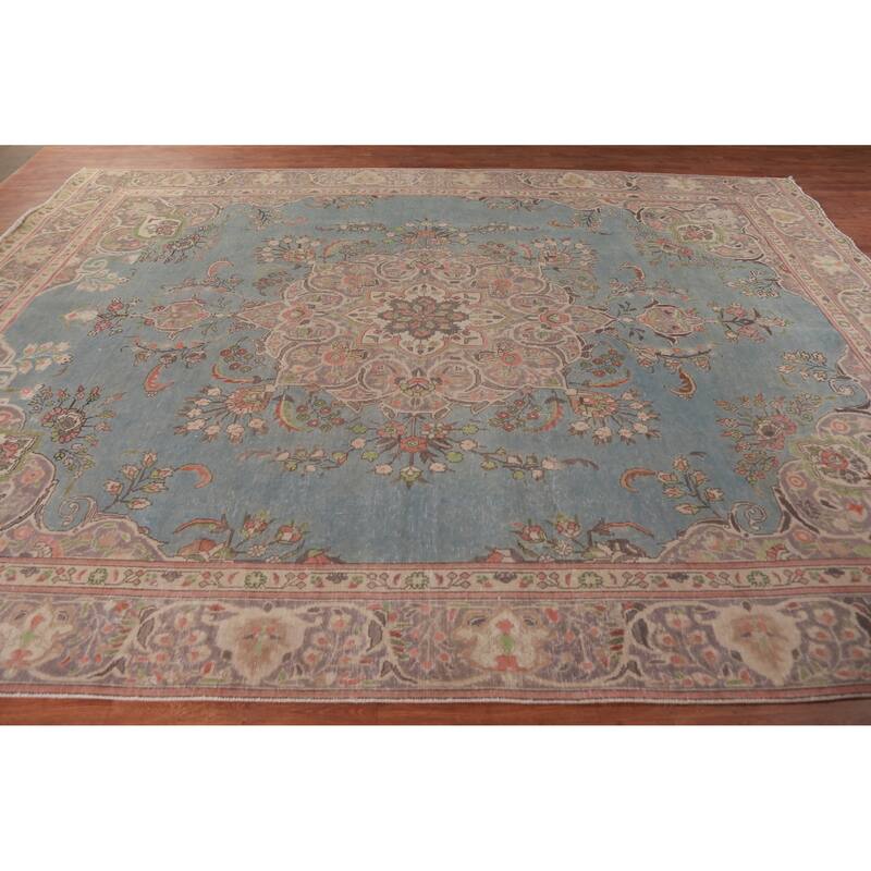 Light Blue Medallion Tabriz Persian Vintage Rug Handmade Wool Carpet - 9'2" x 12'5"