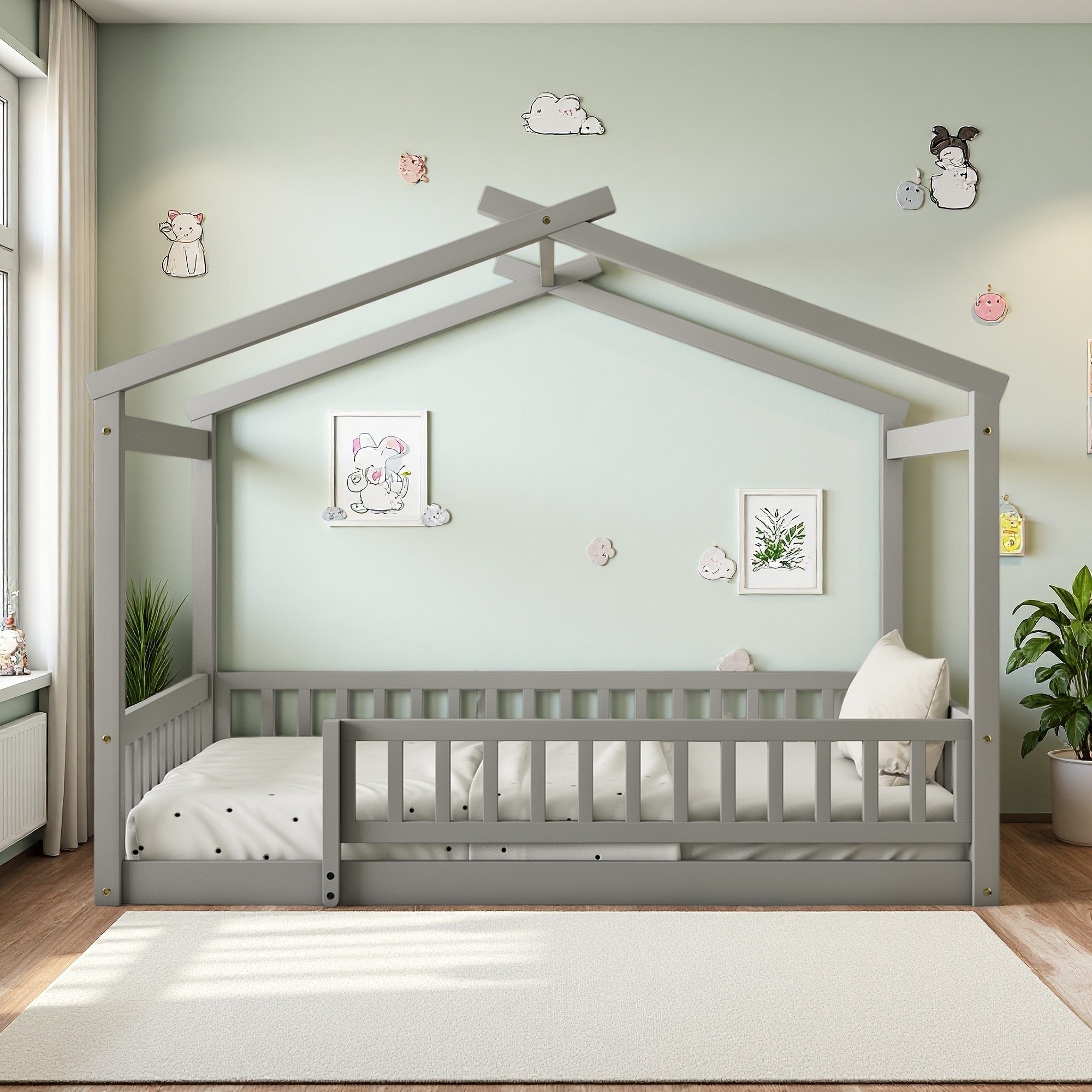 Wood House Canopy Bed Frame with Fence