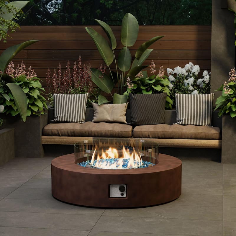 COSIEST 42'' Outdoor Round Propane Fire Pit w Wind Guard and Fire Glass - Brown + Blue Fire Glass