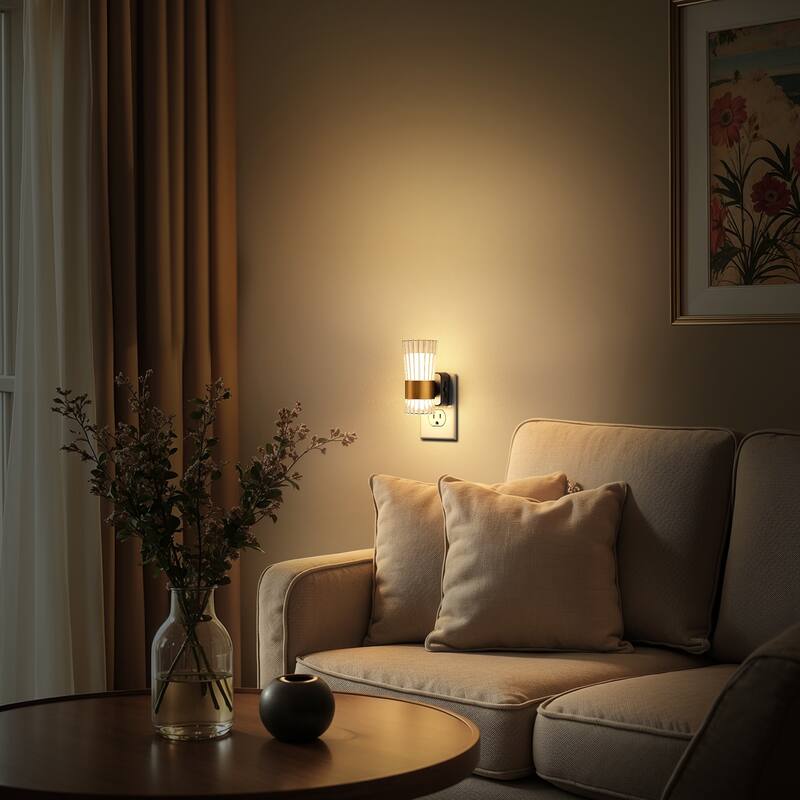 YANSUN Set of 2 Plug-in Wall Lights, Dimmable 3000K Warm, Clear Textured Trumpet Shade, Black & Brass