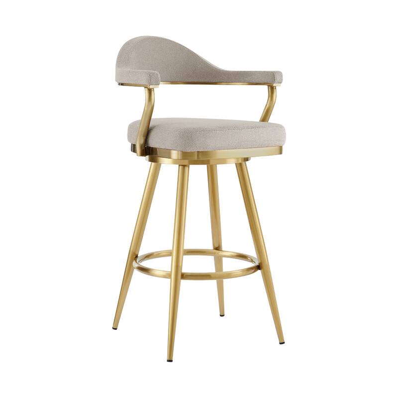 Justy Swivel Barstool Chair, Gold Steel Taper Legs, Taupe Polyester