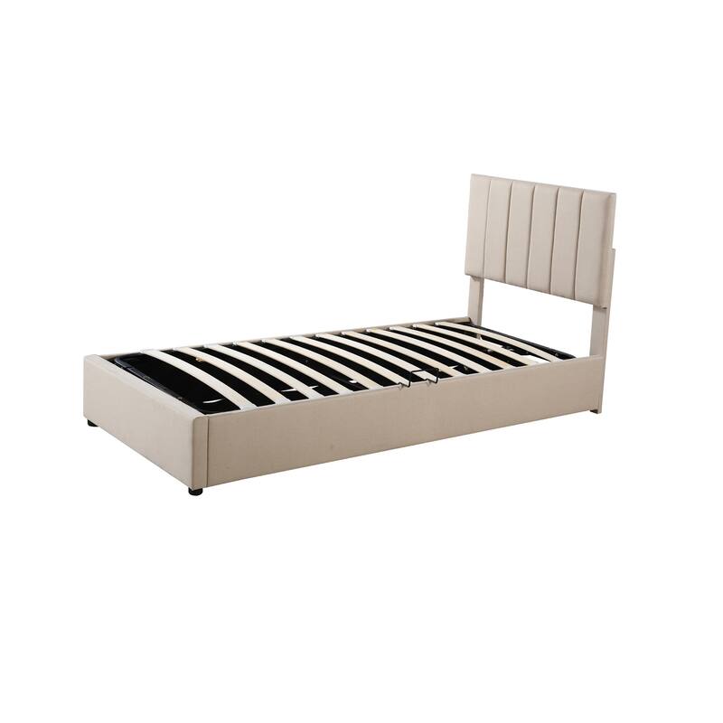 Twin Size Upholstered Platform Bed with Hydraulic Storage, Beige Linen Fabric, 330LBS Capacity