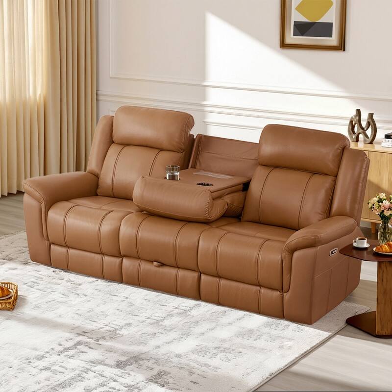 Spruce & Spring Genuine Leather Power Reclining Sofa with Optional Console & Flip-Down Table