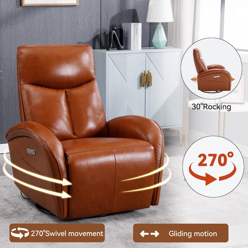 Genuine Leather Power Recliner Chair, 270° Swivel Rocker, USB, Type-C - Brown A