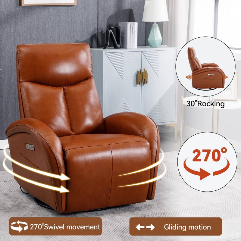 Modern Genuine Leather Swivel and Rocker Power Recliner Chair, 270° Swivel Recliner Chair with Lumbar Support, USB and Type-C