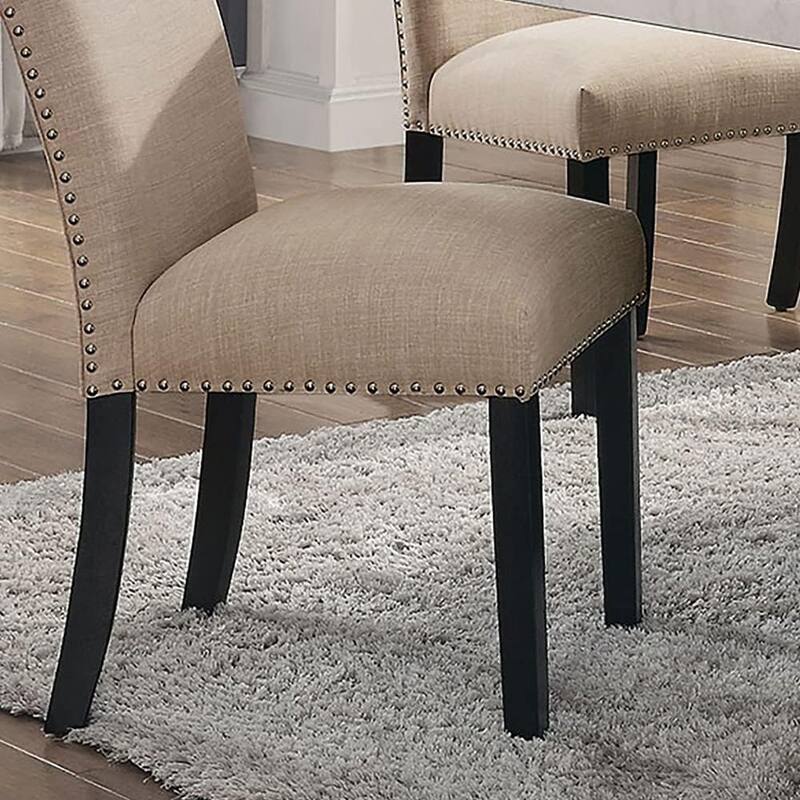 Beige Linen Like Fabric Contemporary 2pc Dining Side Chairs Nalihead Trim Black Solid wood Legs Dining Room Chairs