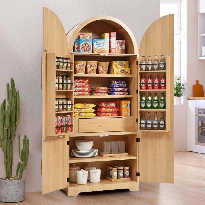 Arched 72" Tall Kitchen Pantry Cabinet with 8 Door Shelves and 3 Adjustable Shelves for Kitchen Storage Solutions