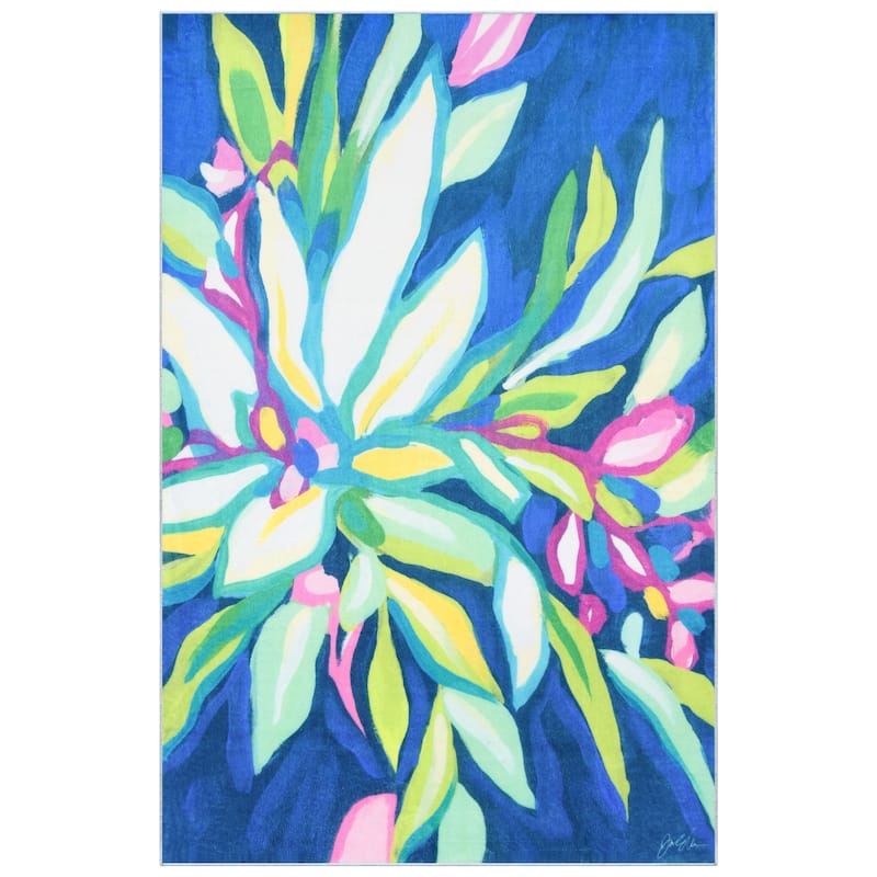 Blue Tropics I, Hand Washable Flowers Art Area Rug, power-loomed, 100% polyester, 2mm pile, non-slipping back