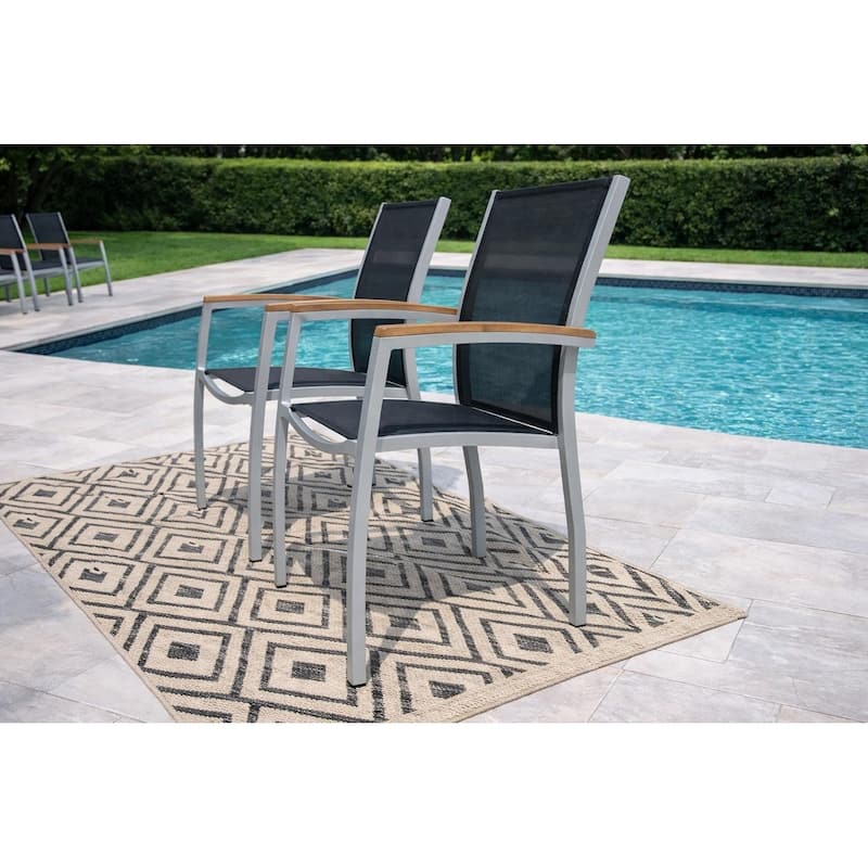 Luna Light Grey 7-Piece Aluminum Outdoor Dining Set with Sling Set in Black - N/A