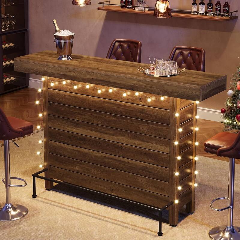 63" Wooden Rectangular Bar Table with Storage Shelves and Metal Footrest, Industrial 3-Tier Counter Height Pub Table