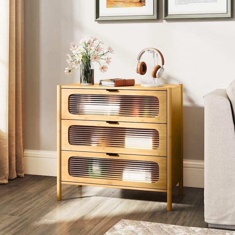 Contemporary Wicker and Glass Storage Cabinet 3 Drawers for Bedroom Entryway or Living Room - 31.5" x 16" x 31"